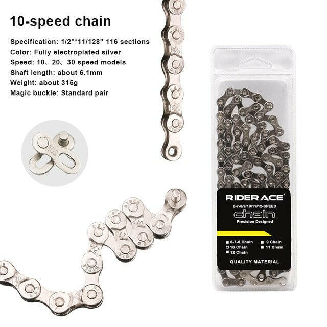 RIDERACE Bicycle Chain 116L 8 9 10 11 12 Speed Silver Ultralight Mountain Road Bike Chain For 24/27/30 Variable Speed Chain-WAYBIKER