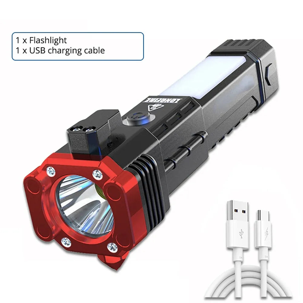 USB Charging Super Bright LED Flashlight with Safety Hammer Side Light Torch Light Portable Lantern Outdoor Adventure Lighting-WAYBIKER