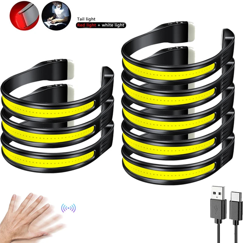 Running Headlamp USB C Rechargeable Built-in Battery Strong Light Fishing Reading Headlight with Tail Red and White Light-WAYBIKER