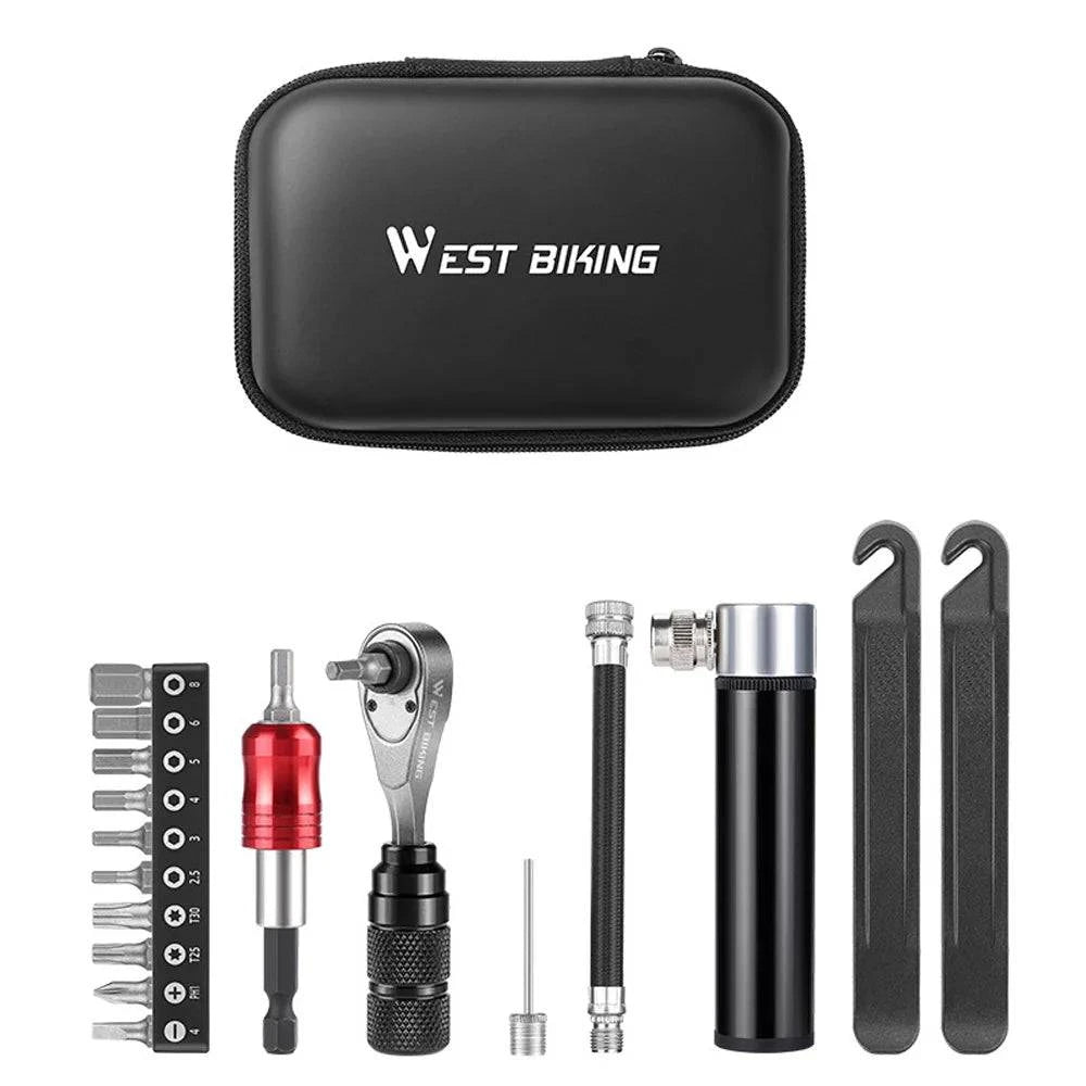 Bike Repair Kit Include Aluminum Alloy Ratchet Wrench Screw Bits Tire Pry Bar Tire Pump for Bicycle Maintenance-WAYBIKER