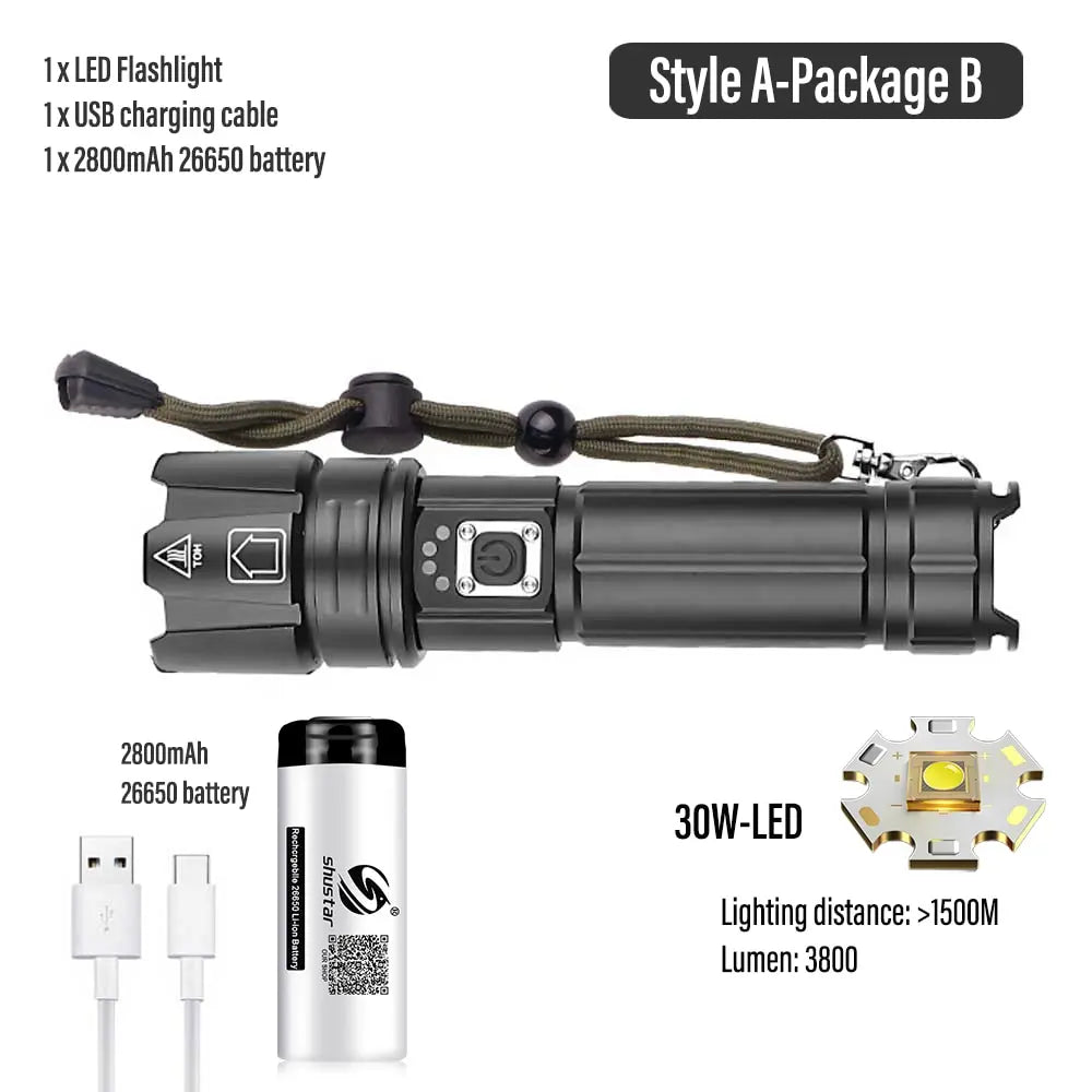 Super Bright LED Flashlight USB Rechargeable Torch Light With 30W LED Can Illuminate 1500 Meters Tactical Lantern-WAYBIKER