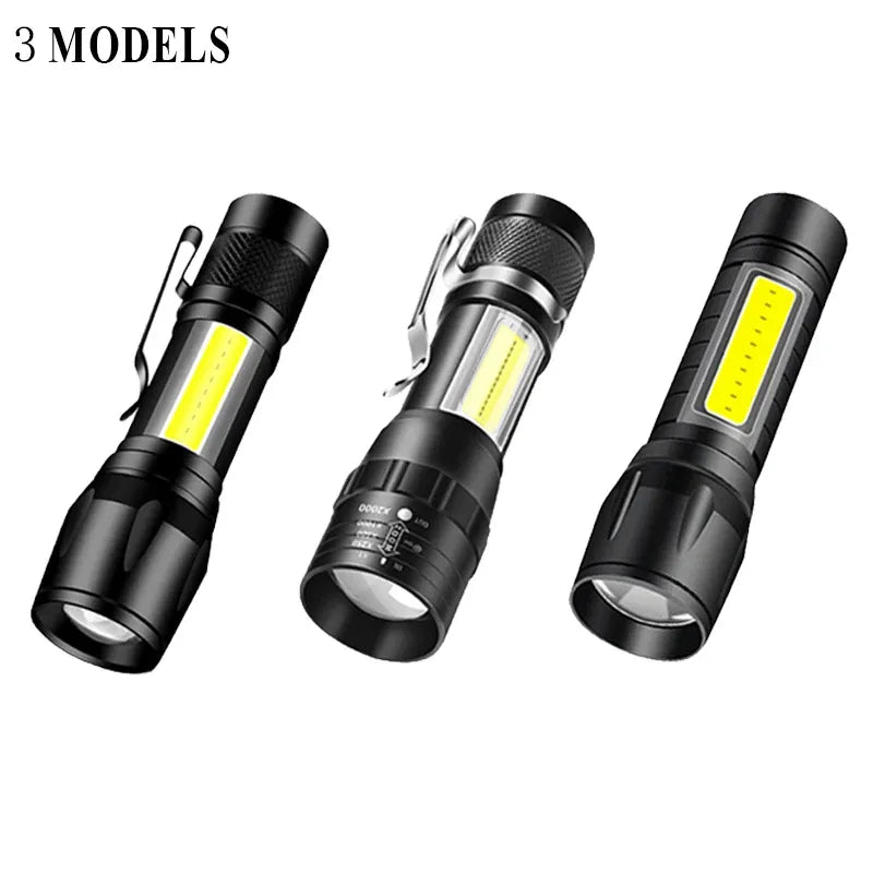 Portable Zoom LED Rechargeable Flashlight 3 Lighting Modes Long Range Camping Light Mini Torch Waterproof Built In Battery