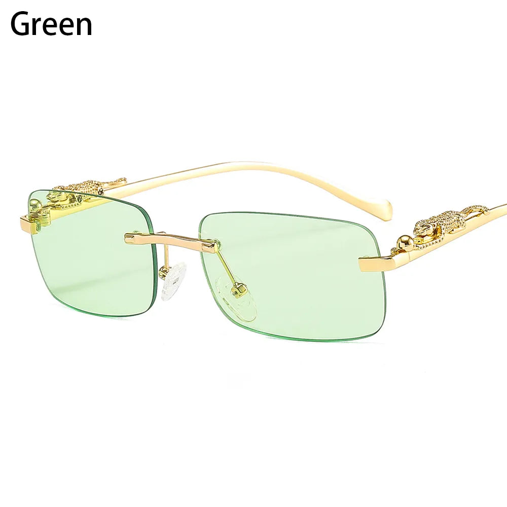Fashion Retro Rimless Rectangle Sunglasses Cheetah Decoration Eyewear Ocean Lens Sun Glasses Women Men Sun Glasses Shades UV400-WAYBIKER