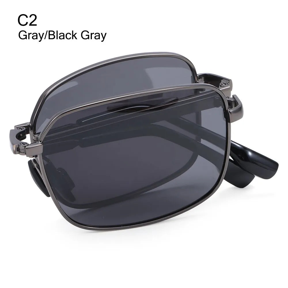 Portable Folding Polarized Sunglasses for Men, Square Metal Frame Photochromic Sunglasses Driving Glasses Night Vision Eyewear-WAYBIKER