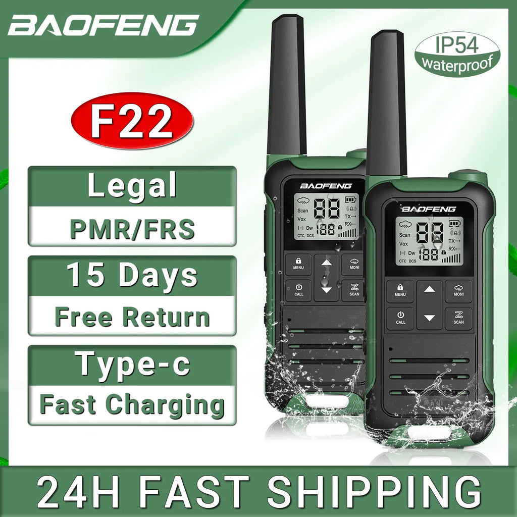 2Pcs Baofeng F22 PMR446 FRS Mini Walkie Talkie Licence-free Portable VOX Type-C Charger Long Range 2-Way Radio for Camping Hotel-WAYBIKER
