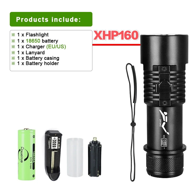 Professional Diving Flashlight Rechargeable XHP160 Diving Torch 1000m Underwater Lantern IPX8 Waterproof Flashlights-WAYBIKER