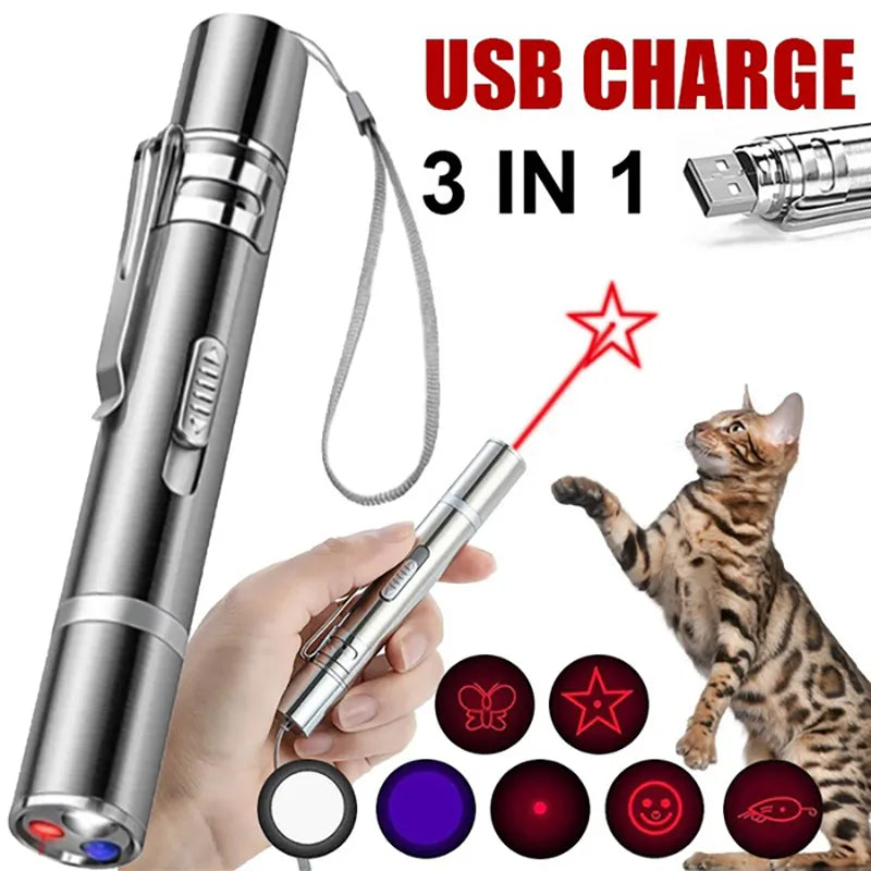 Cat Toys Laser Pointer with 5 Adjustable Patterns USB Recharge Laser Long Range Training Chaser Interactive Toy Dog Laser Pen-WAYBIKER