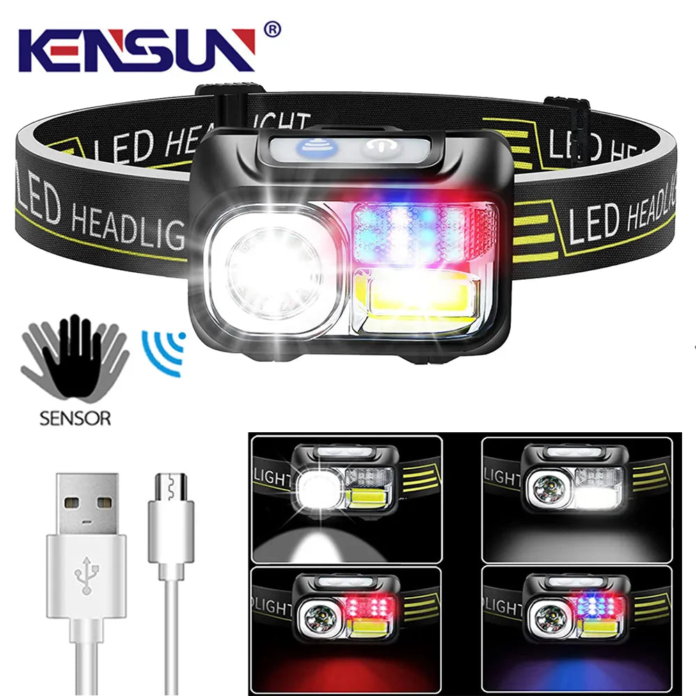 New Strong Light LED Headlamp Induction Head Lamp USB Rechargeable Flashlight Built-in Battery Lantern Fishing Running Headlight-WAYBIKER