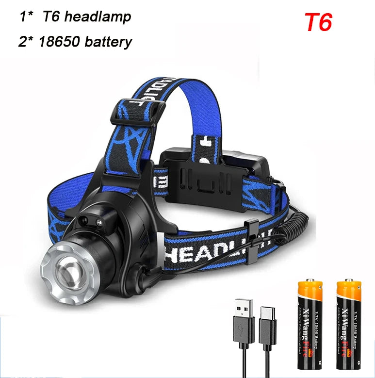 T6 Led Headlamp Fishing Head Lamp 3 Modes Zoom Lamp Waterproof Super Bright Camping Light Powered By 2x18650 Batteries-WAYBIKER