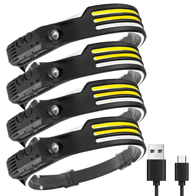 Multifunctional induction headlights 3 COB White red yellow light USB Rechargeable Head Torch 10 Lighting Modes Head Light-WAYBIKER