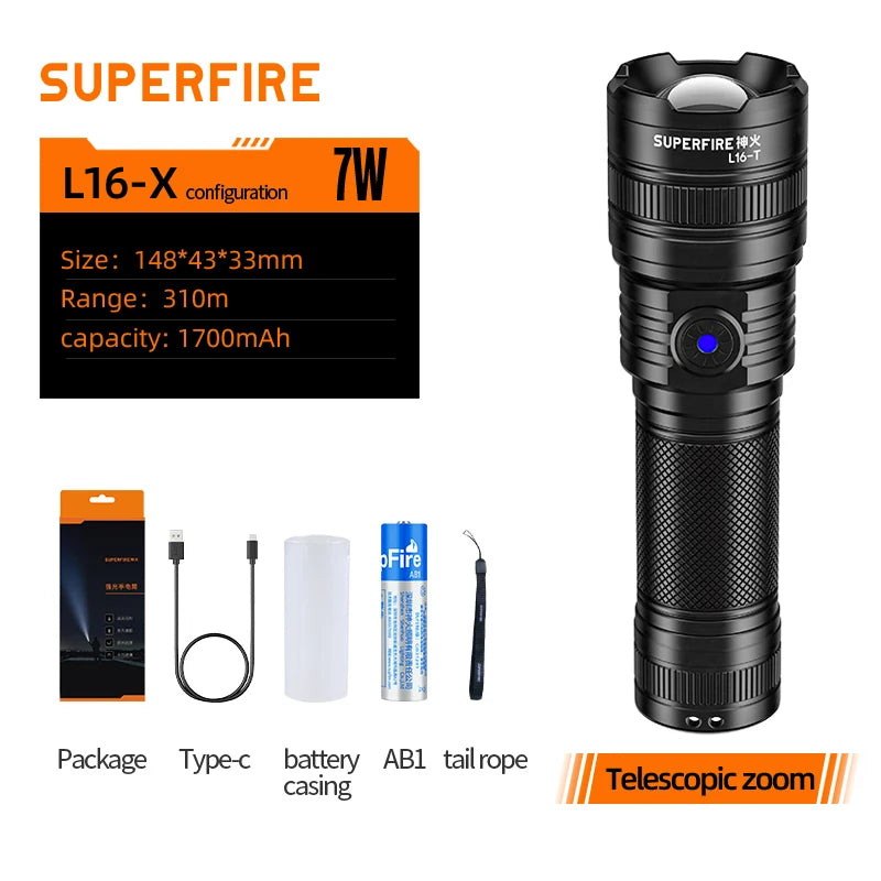 SUPERFIRE L16-T High power led flashlights Zoom Torch Strong Light Rechargeable 5 Modes Outdoor Camping Emergency for fishing-WAYBIKER