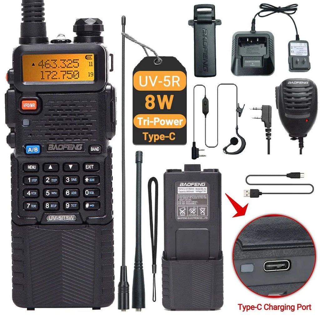 Baofeng UV-5R 8W 3800mAh Walkie Talkie Tri Power Type-C VHF UHF Dual Band Long Range For UV5R K5 Portable Ham CB Two Way Radio-WAYBIKER