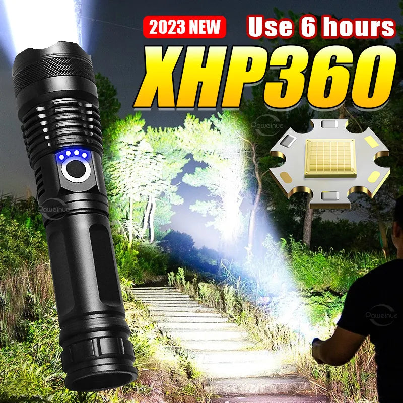 Ultra Bright XHP360 LED Flashlight High Power Flash Light Type-C Rechargeable Lamp Telescopic Zoom Torch Outdoor Camping Lantern-WAYBIKER