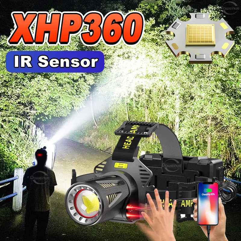 Super XHP360 Powerful LED Headlamp IR Sensor XHP199 Headlight Flashlights 18650 USB Rechargeable Head Lamp Torch Camping Lantern-WAYBIKER