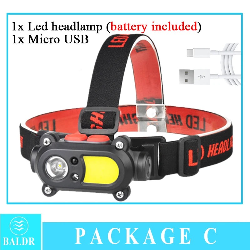 COB Induction Headlamp Multi Mode Dual Light Source lamp USB Charging Built In Battery Night Running Night Fishing torch-WAYBIKER
