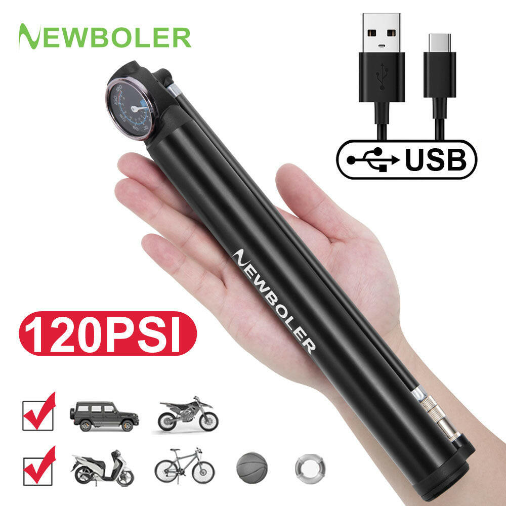 NEWBOLER 120Psi Electric Bike Air Pump Aluminum Alloy USB Rechargeable Bicycle Air Pump Tire Inflator Motorcycle/Automobile Pump-WAYBIKER