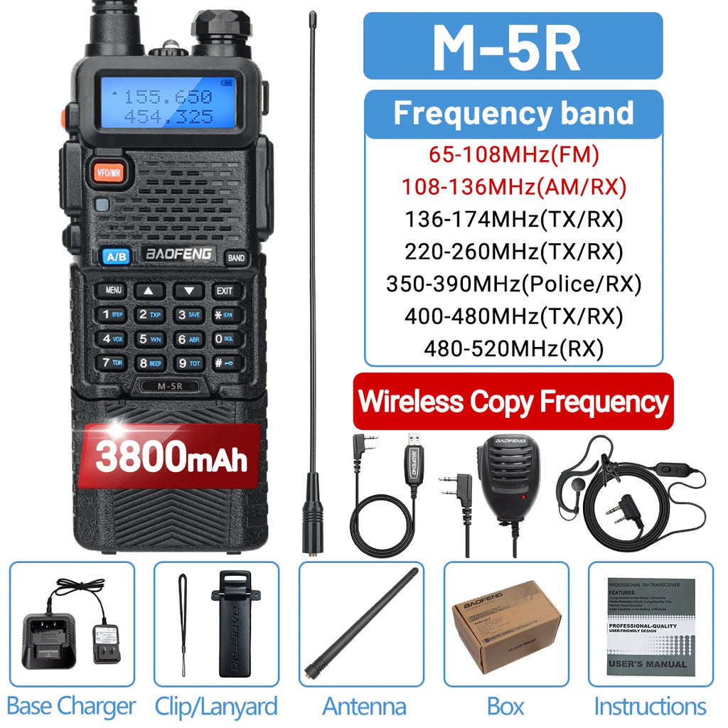 Baofeng M-5R Air Band Walkie Talkie 3800mAh Battery Wireless Copy Frequency Long Range AM commutator Ham UV-5R K5 Two Way Radio-WAYBIKER