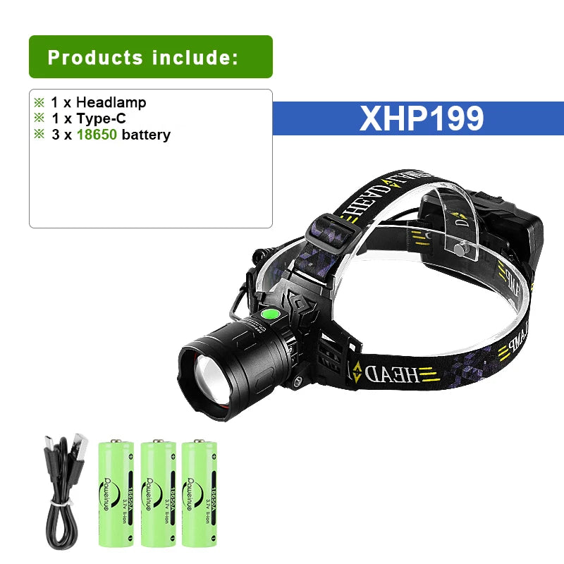 2023 Super XHP199 Powerful Headlamp Rechargeable Head Flashlight High Power Head Lamps XHP90 Led Headlight 18650 Fishing Lantern-WAYBIKER