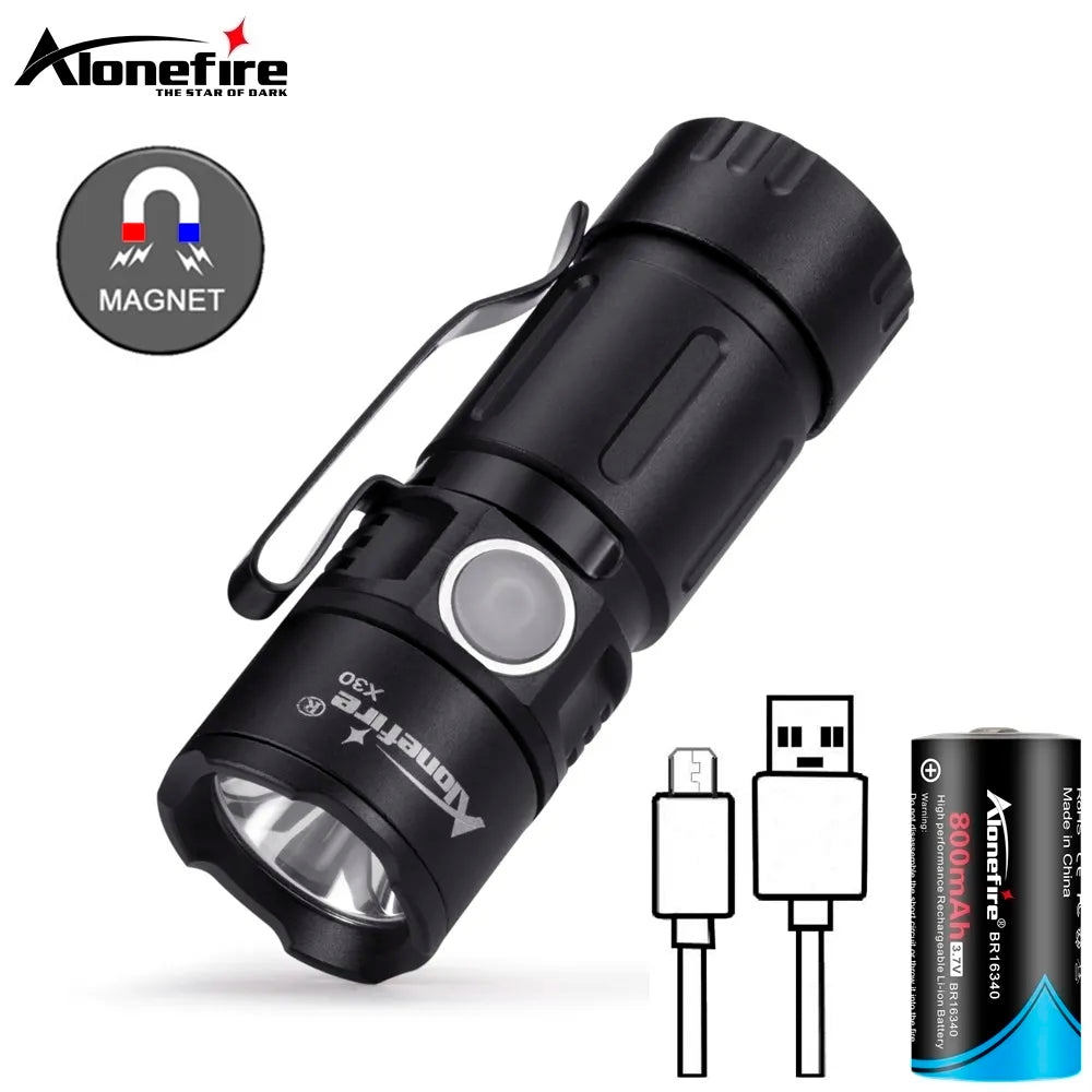 X30 5W LED portable Mini Led Flashlight Magnet Usb Rechargeable Outdoor child lady Backpack Pocket Torch lamp 16340 battery