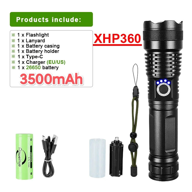 2023 XHP360 LED Ultra Powerful Flashlight Type-C Rechargeable LED Lantern 60W High Power LED Flashlight Camping Long Shot Torch