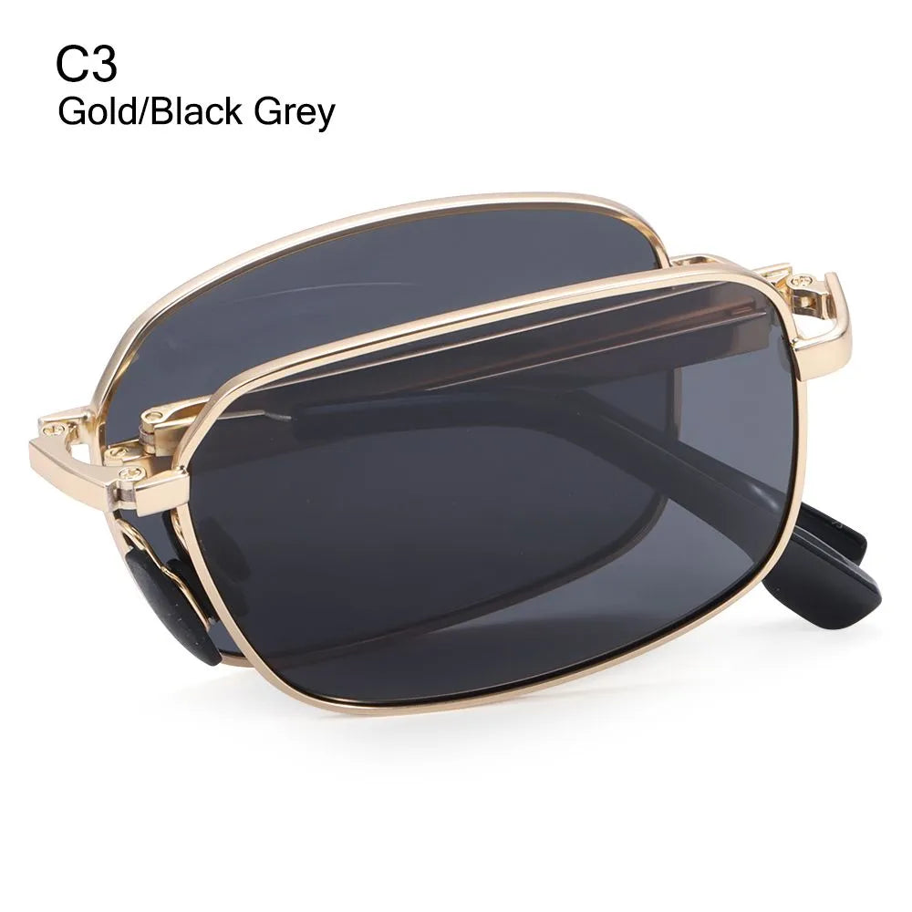 Portable Folding Polarized Sunglasses for Men, Square Metal Frame Photochromic Sunglasses Driving Glasses Night Vision Eyewear-WAYBIKER