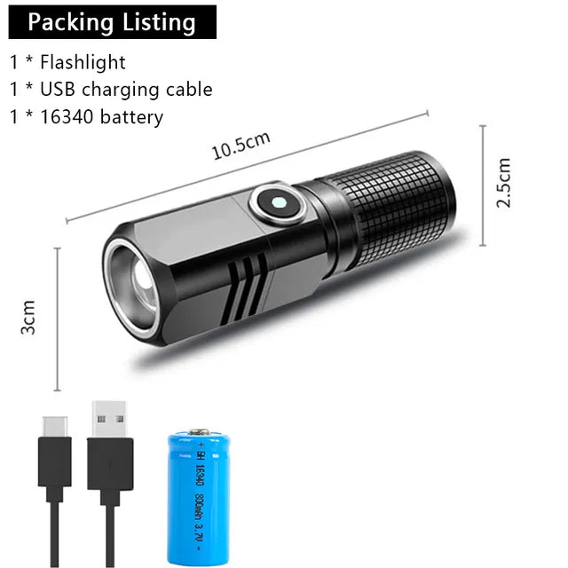 Powerful Mini Portable Alloy Variable-focus LED Flashlight Uses 18650 Battery USB Rechargeable Waterproof Outdoor Camping Torch-WAYBIKER