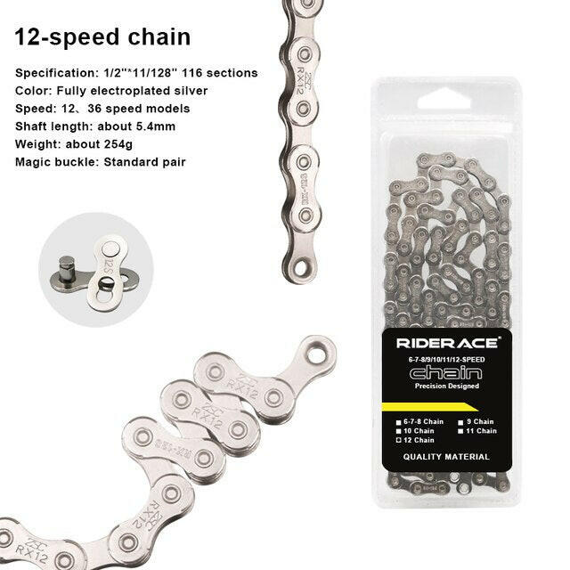 RIDERACE Bicycle Chain 116L 8 9 10 11 12 Speed Silver Ultralight Mountain Road Bike Chain For 24/27/30 Variable Speed Chain
