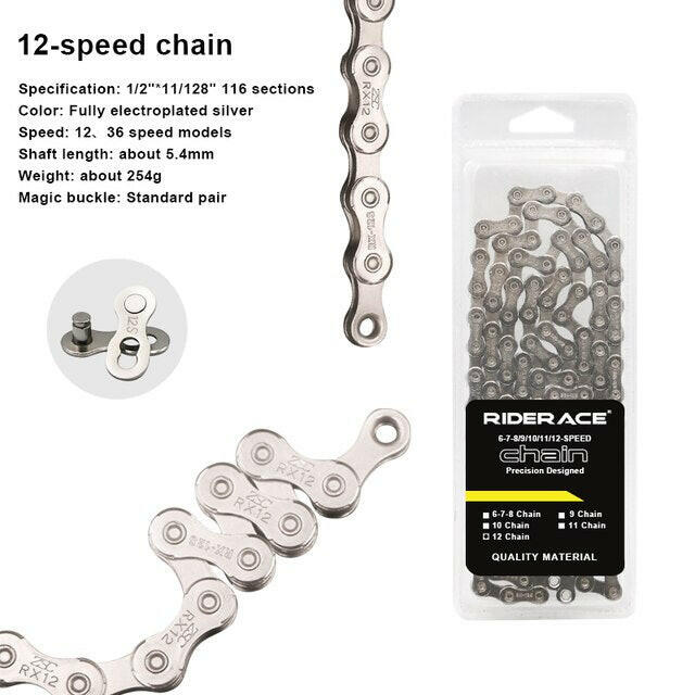 RIDERACE Bicycle Chain 116L 8 9 10 11 12 Speed Silver Ultralight Mountain Road Bike Chain For 24/27/30 Variable Speed Chain-WAYBIKER