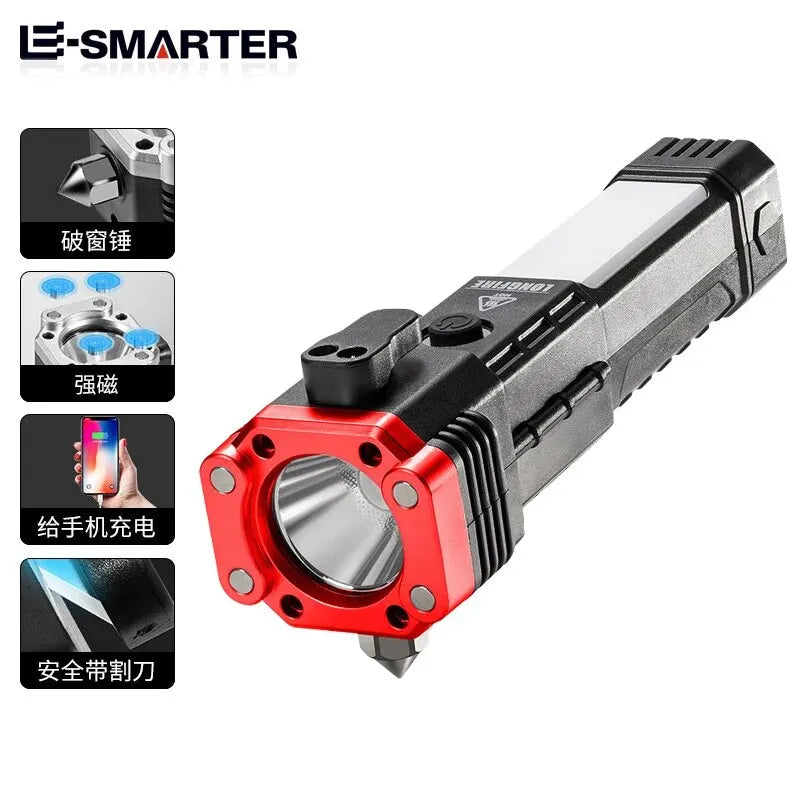 COB Flashlight LED With Side Light Safety Hammer Lifesaving USB Charging With Magnet Multi-functional Flashlight-WAYBIKER