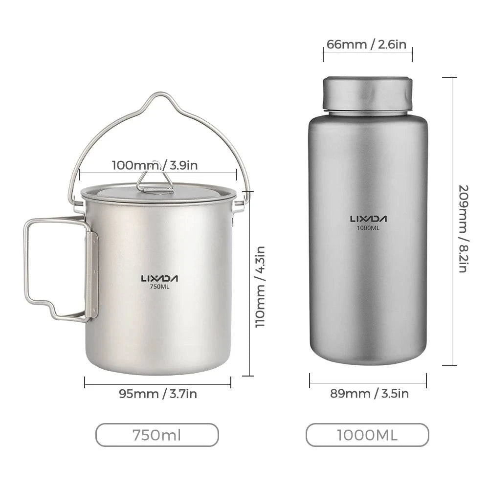 LIXADA 1L Ti Water Bottle & 750ml Water Cup Combo Leak-proof Sport Water Bottle with Screw Cap for Outdoor Camping Hiking-WAYBIKER