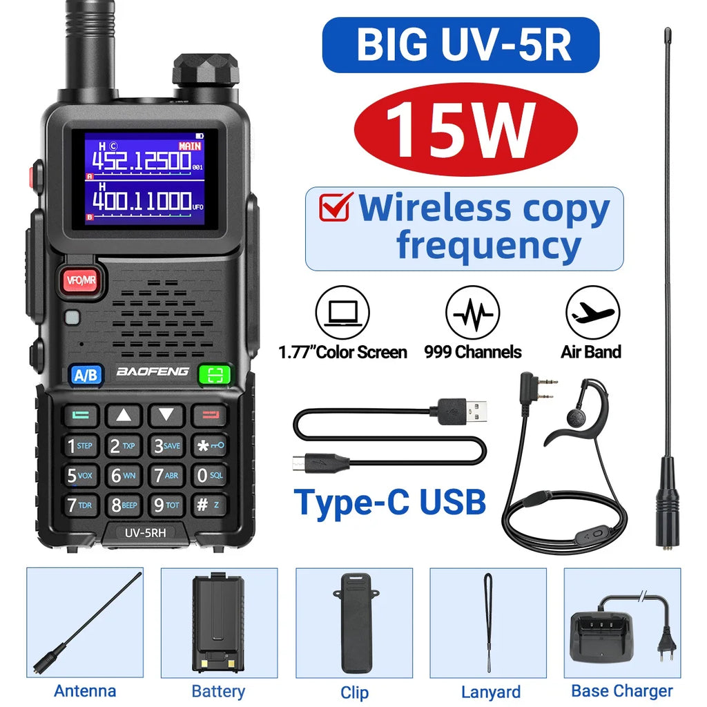 Baofeng UV-5RH Pro Max 15W Air Band Walkie Talkie Wirless Copy Frequency Tri-power Type-C NOAA Long Range 5RM Ham Two Way Radio