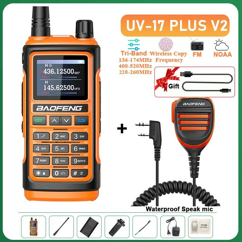 UV-17 Plus V1 V2 Baofeng Walkie Talkie 10W Type C Charging Dual/Tri Band Optional No Pro NOAA 1.77 Inch LCD Screen FM Waterproof-WAYBIKER
