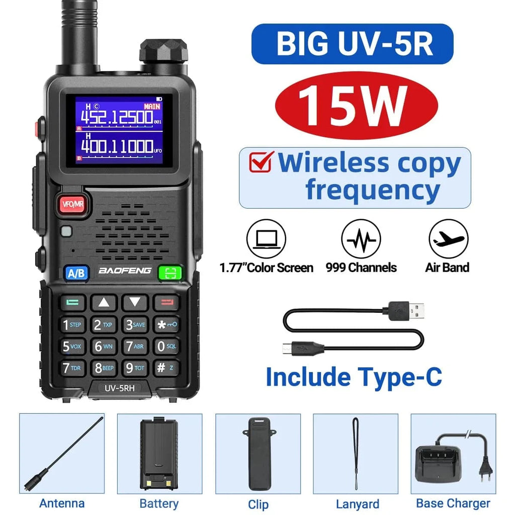 Baofeng UV-5RH Pro Max 15W Air Band Walkie Talkie Wirless Copy Frequency Tri-power Type-C NOAA Long Range 5RM Ham Two Way Radio-WAYBIKER