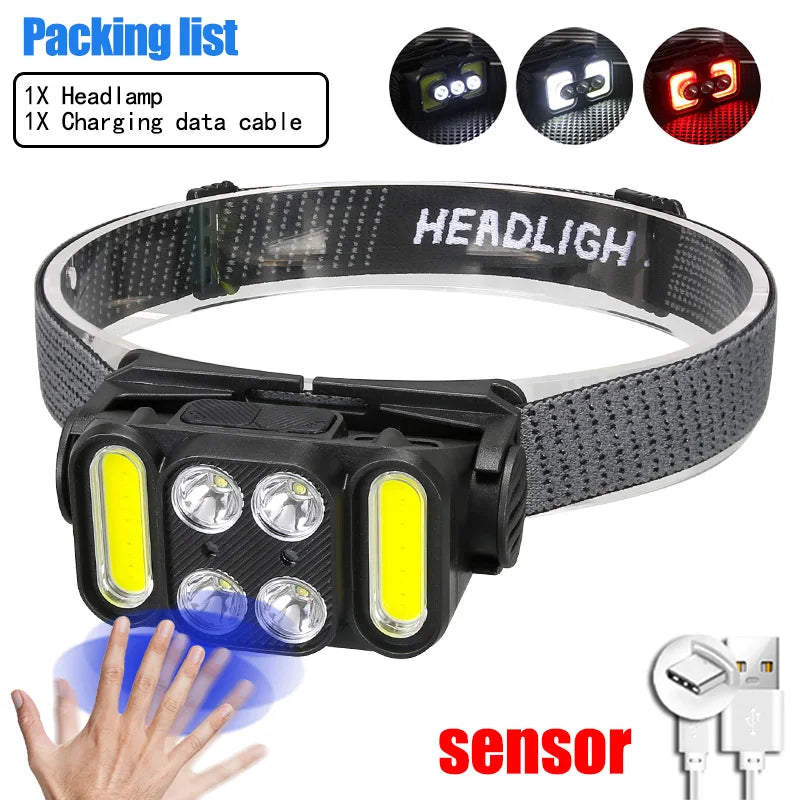 Super Bright Led Headlamp Portable COB Sensor HeadLight With 18650 Battery USB Rechargeable Head Flashlight For Fishing Camping-WAYBIKER