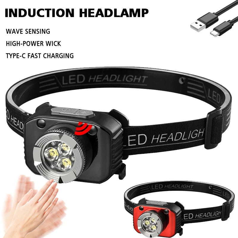 Powerful Mini LED Sensor Headlamp Rechargeable Head Flashlight Built in Battery Headlight Led Head Torch Camping Fishing Lantern-WAYBIKER
