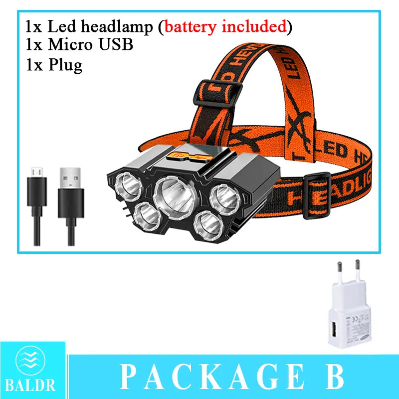 USB Rechargeable Led Five-Head Headlamp Super Bright 18650 Built-in Battery Headlight Portable Head Flashlight Fishing Lantern-WAYBIKER