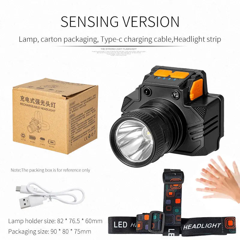 Powerful Light Sensor LED Headlamp Bicycle Fishing Headlight USB Rechargeable Torch Lamp Outdoor Waterproof Camping Head Lights-WAYBIKER