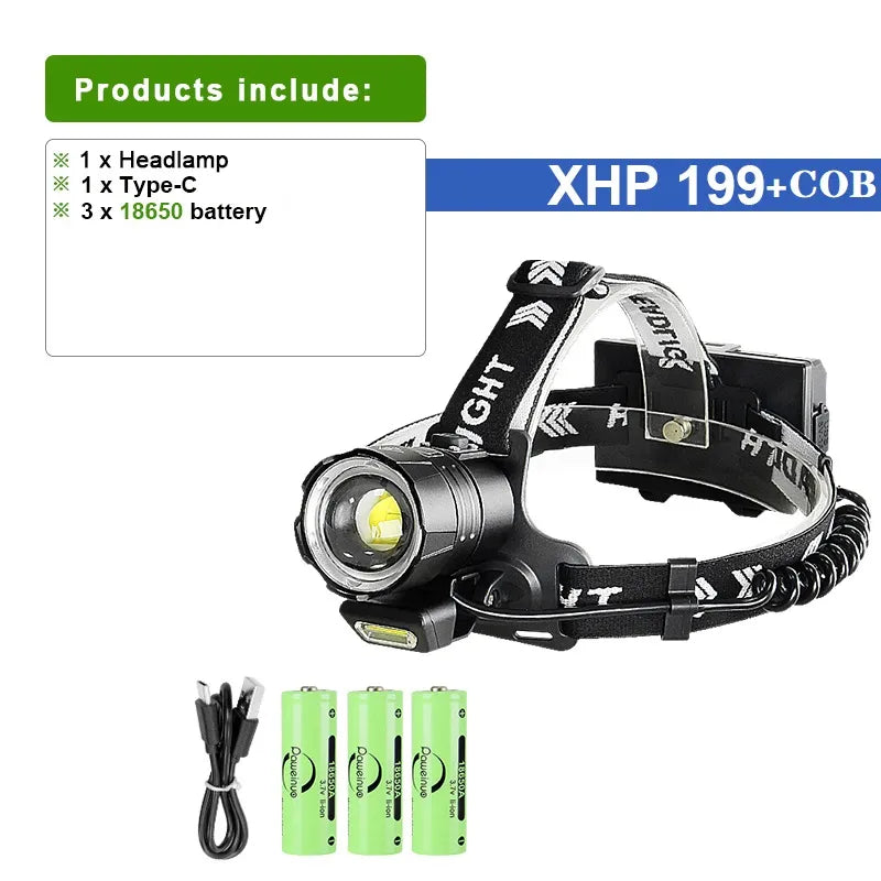 High Lumens XHP199 Powerful Led Headlamp XHP160 USB Rechargeable Headlight 18650 Head Flashlight Fishing Camping Head Lamp-WAYBIKER