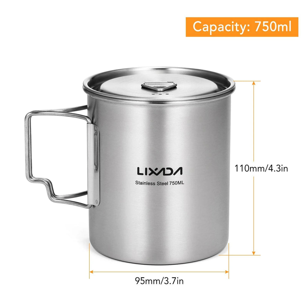 Lixada 750ml Cup Outdoor Stainless Steel Water Cup Mug with Foldable Handles and Lid for Camping Hiking Backpacking-WAYBIKER