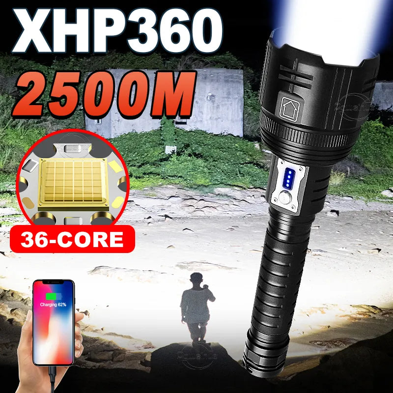 Super Powerful LED Flashlight XHP360 Rechargeable Working Torch Usb Zoomable Tactical Flash Light 18650 Camping Hunting Lantern-WAYBIKER