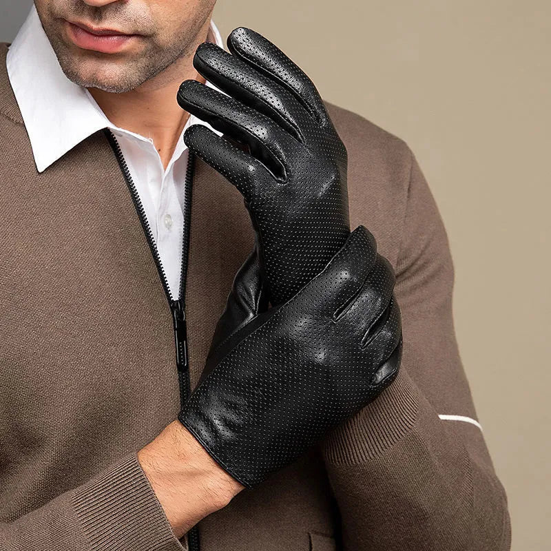 Genuine Sheepskin Leather Gloves For Men, Touchscreen Texting  Hollow Breathable Thin Driving, Cycling,Motorcycle Gloves-WAYBIKER
