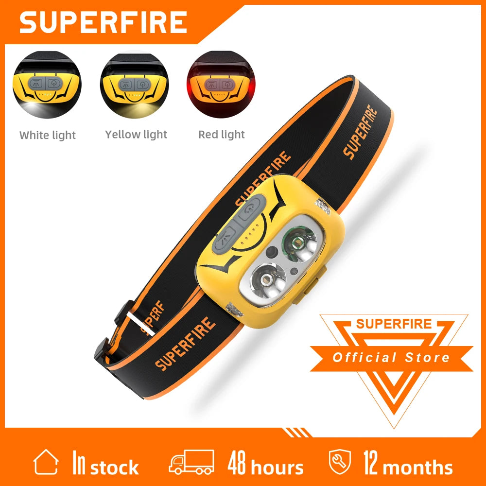 SUPERFIRE HL05-S Powerful LED Headlamp Yellow/White Light Camping Lantern Motion Sensor Rechargeable Stepless Dimming Head Lamp-WAYBIKER