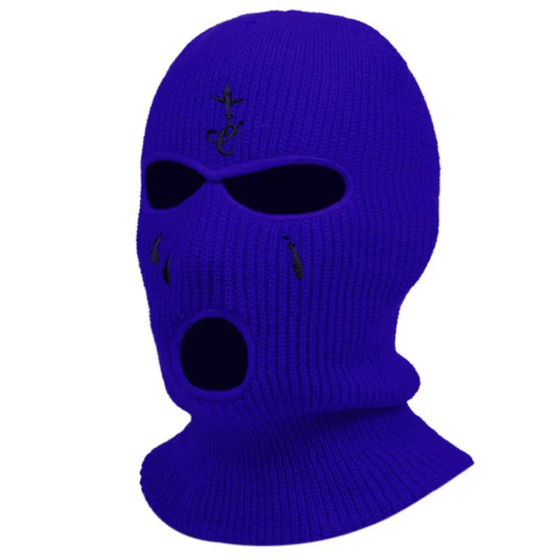 Cross Embroidery Ski Mask Winter Balaclava Hat 3-Hole Knitted Full Face Cover Ski Neck Gaiter Warm Knit Beanie For Outdoor Sport-WAYBIKER