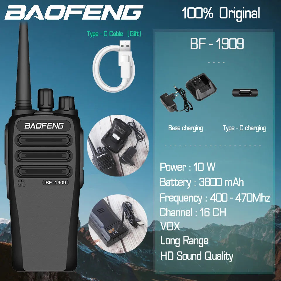 BaoFeng BF-1909 10Watts 3800mAh UHF 400-470MHz Walkie Talkie Long Range Portable Two Way Radio BF-888S Upgraded Version Station-WAYBIKER