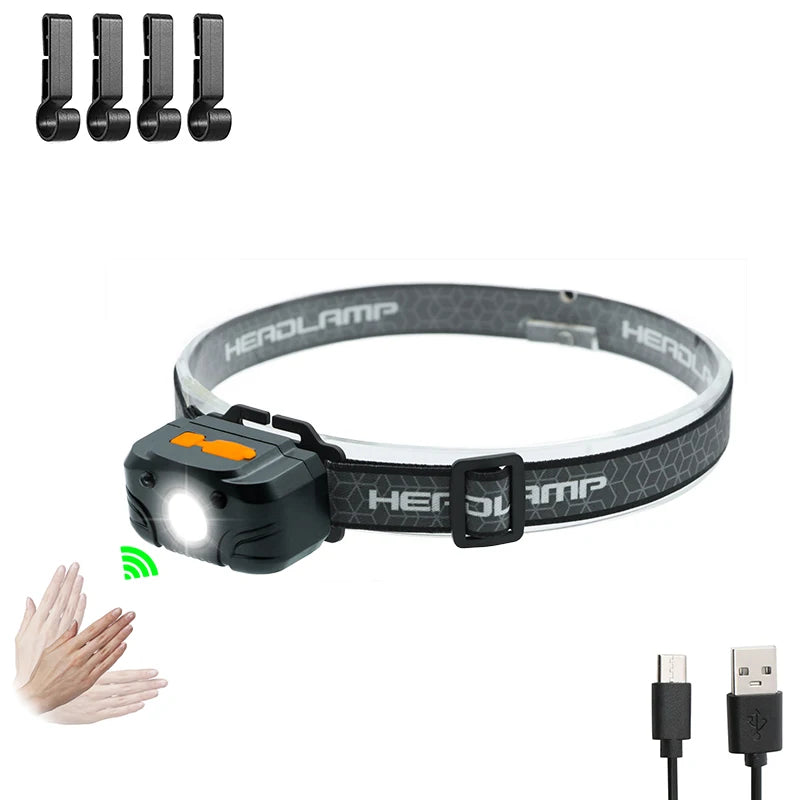 Mini Flashlight Headlamp Led Sensor Lamp Portable Waterproof Rechargeable Battery USB  Tourism Camping Supplies Fishing Light-WAYBIKER