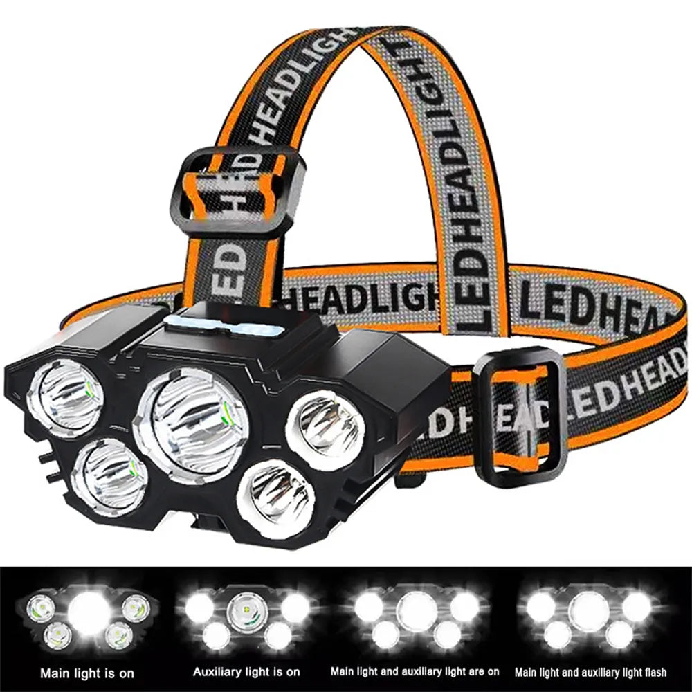 5 Led Headlight Super Bright Head-Mounted Strong Flashlight Usb Rechargeable Built-in Battery Outdoor Rechargeable Night Fishing-WAYBIKER