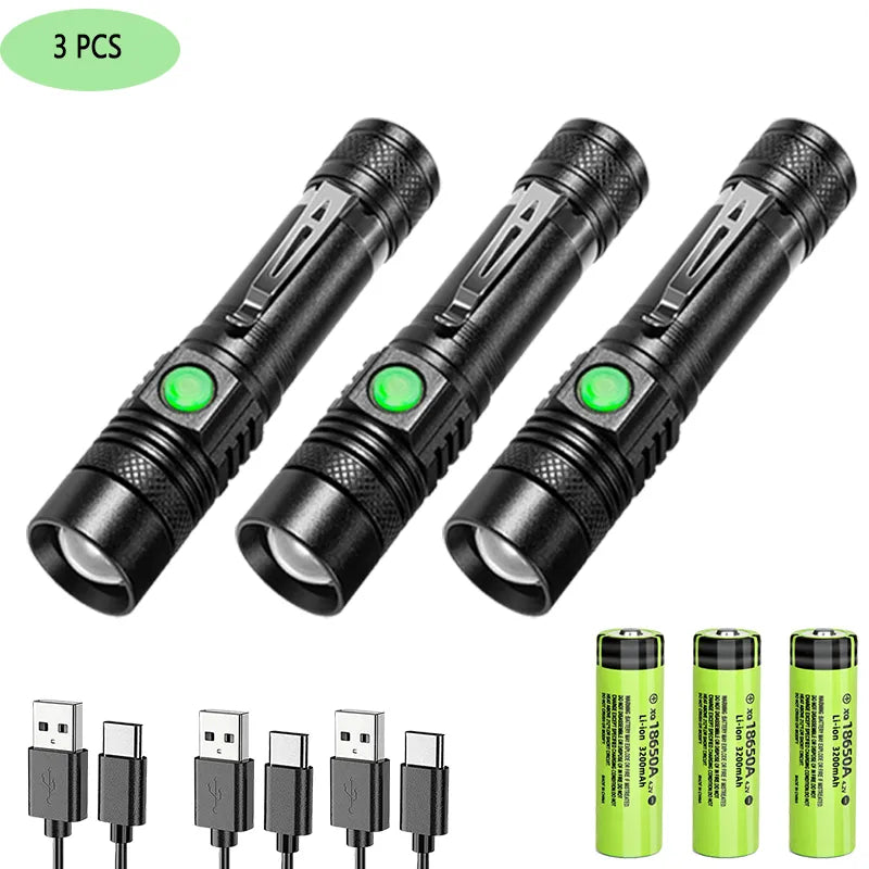 Super Bright T6 LED Lamp Beads Flashlight External 18650 Battery Flash Light  Waterproof Torch Zoom 3 Lighting Modes USB Charger-WAYBIKER