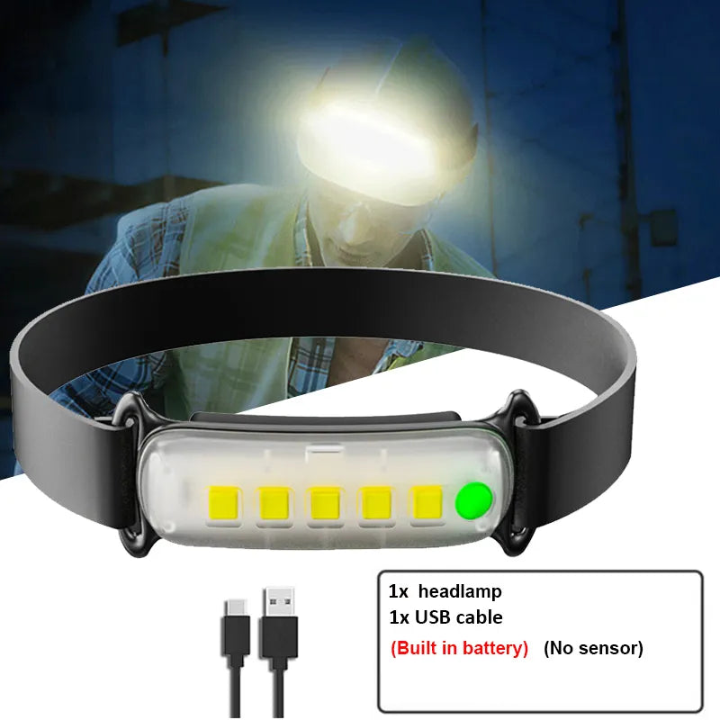 Powerful Q5+COB LED Headlamp Rechargeable 3-Modes Headlight Built-in Battery Waterproof Portable  Head Lamp Camping Head Lamp-WAYBIKER