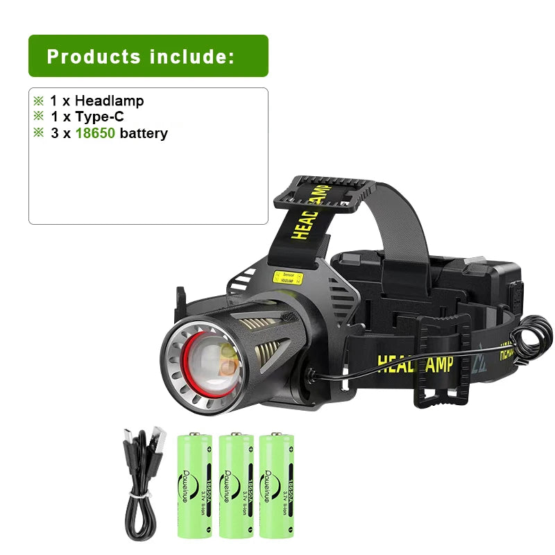 Super XHP100 Powerful LED Headlamp High Power Head Lantern Flashlight USB Rechargeable Headlight Yellow Light Head Lamps Camping-WAYBIKER