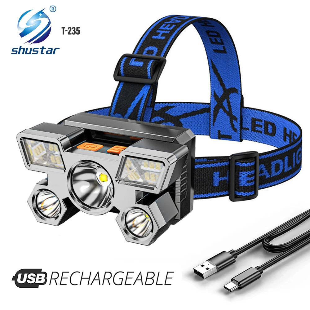 Led Five-Head Headlamp Strong Light Super Bright Rechargeable Fishing Headlight Long-Range Head-Mounted Mine Lamp Flashlight-WAYBIKER